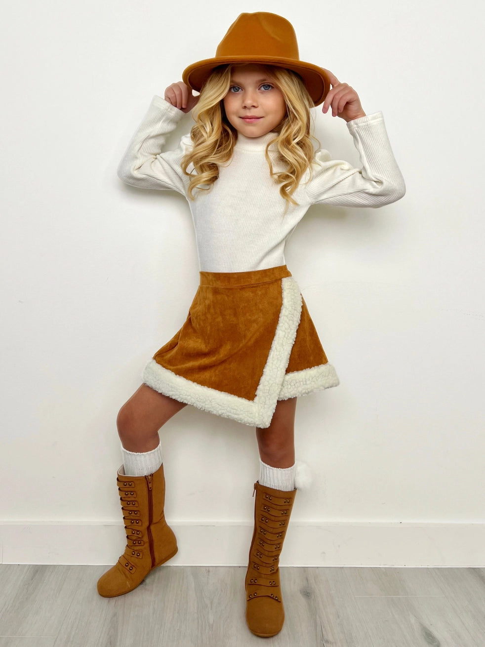 Ivory Turtleneck Top and Brown Skort Set