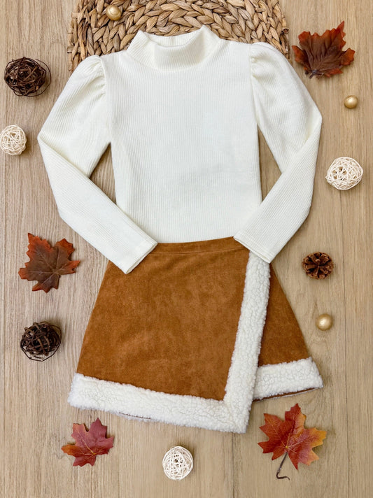 Ivory Turtleneck Top and Brown Skort Set