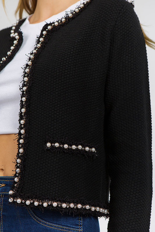 Black Josette Frayed Pearl Detail Knit Sweater Jacket