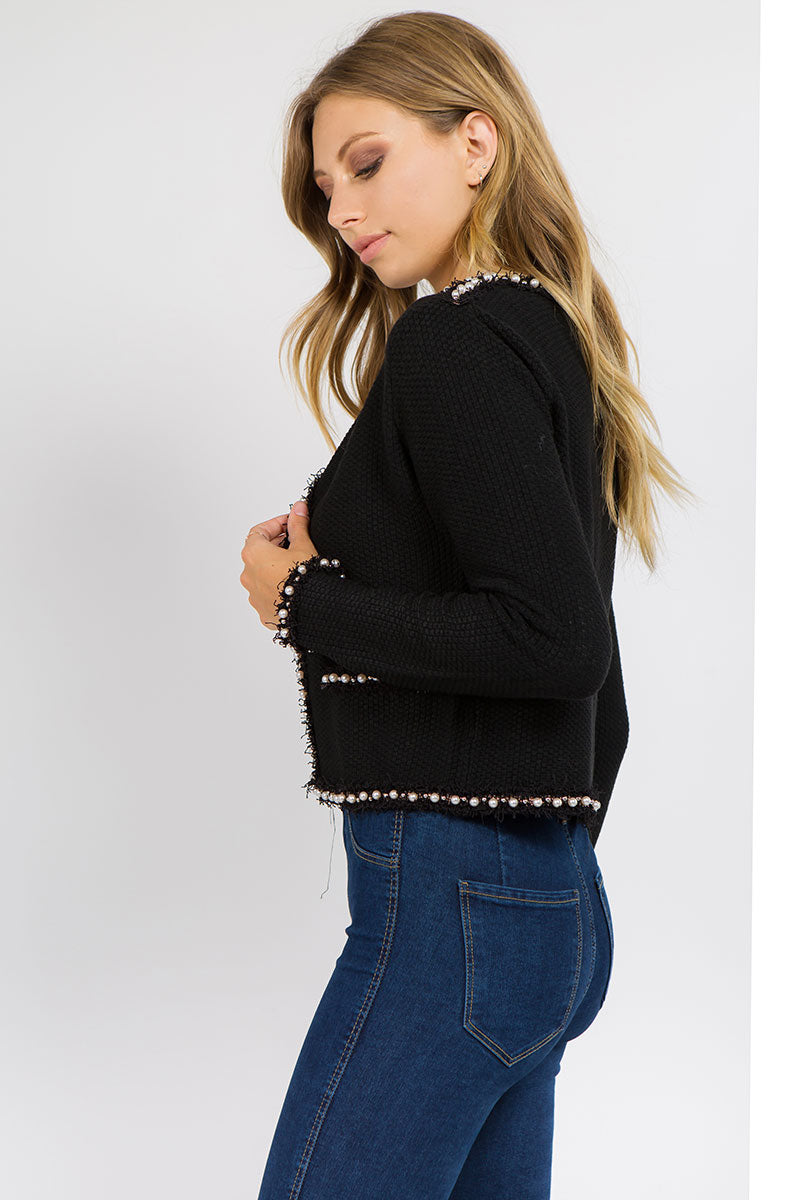 Black Josette Frayed Pearl Detail Knit Sweater Jacket