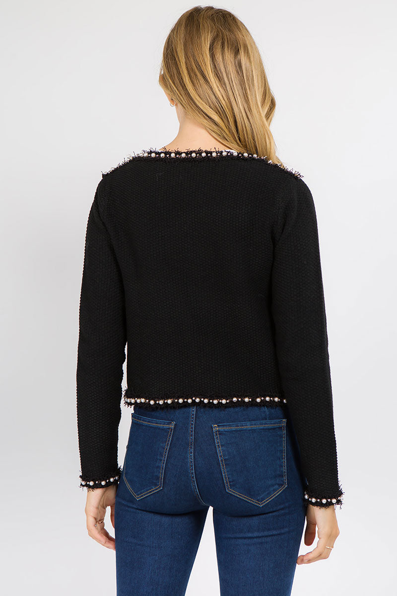 Black Josette Frayed Pearl Detail Knit Sweater Jacket