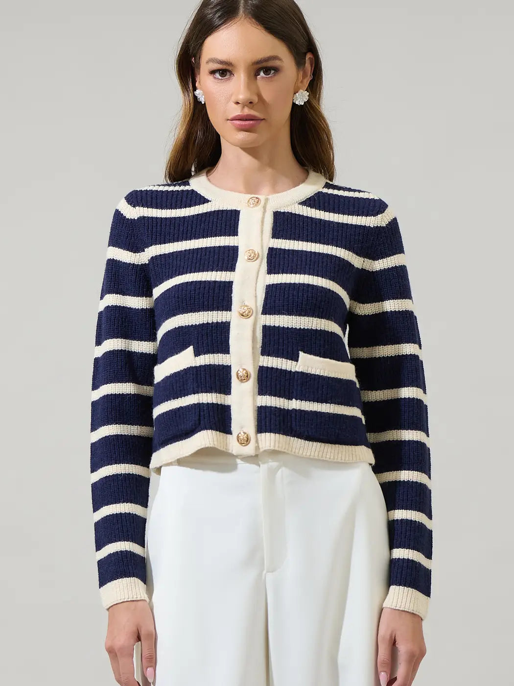 Navy And Ivory Kassidy Striped Cropped Cardigan