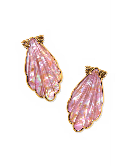 Kendra Scott Alexa Vintage Gold Statement Earrings in Purple Iridescent Abalone Illusion