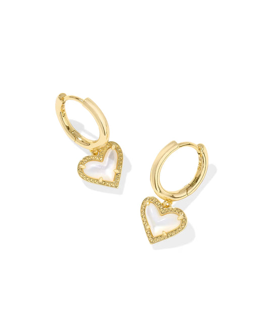 Kendra Scott Ari Heart Gold Huggie Earrings in Ivory Mother-of-Pearl