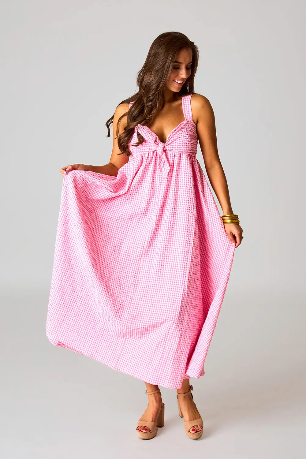 Pink & White Gingham Bow Maxi Dress
