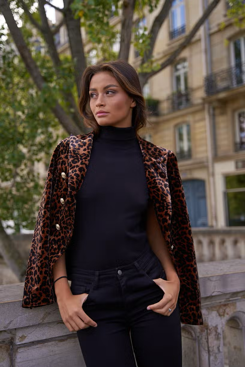 Parisian Velvet Leopard Fitted Blazer With Gold Buttons