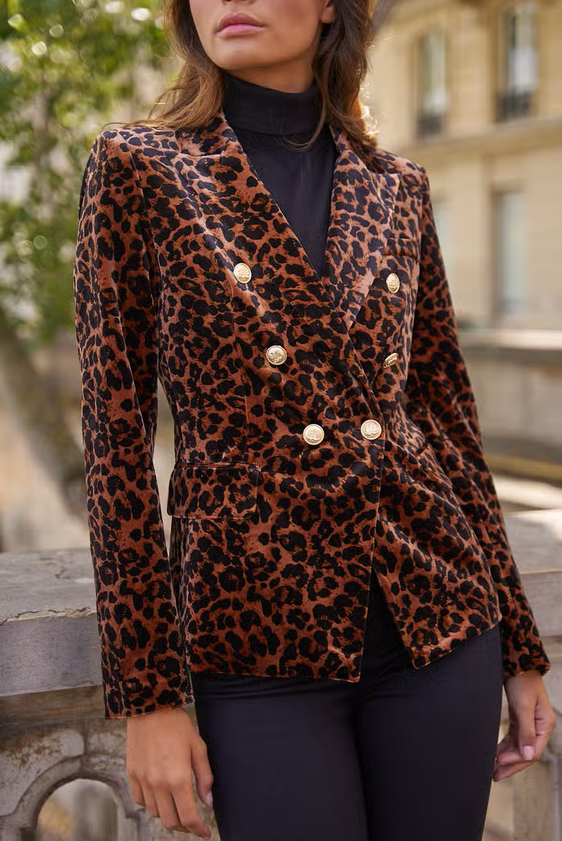 Parisian Velvet Leopard Fitted Blazer With Gold Buttons