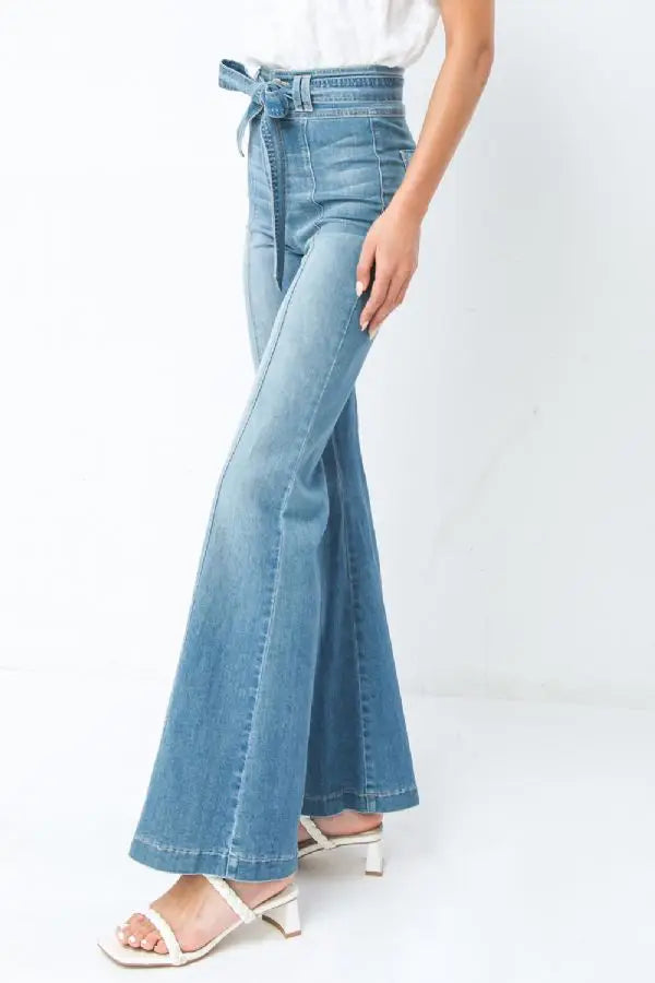Washed Bell Bottom Front Seam Flare Pants in Light Blue - The