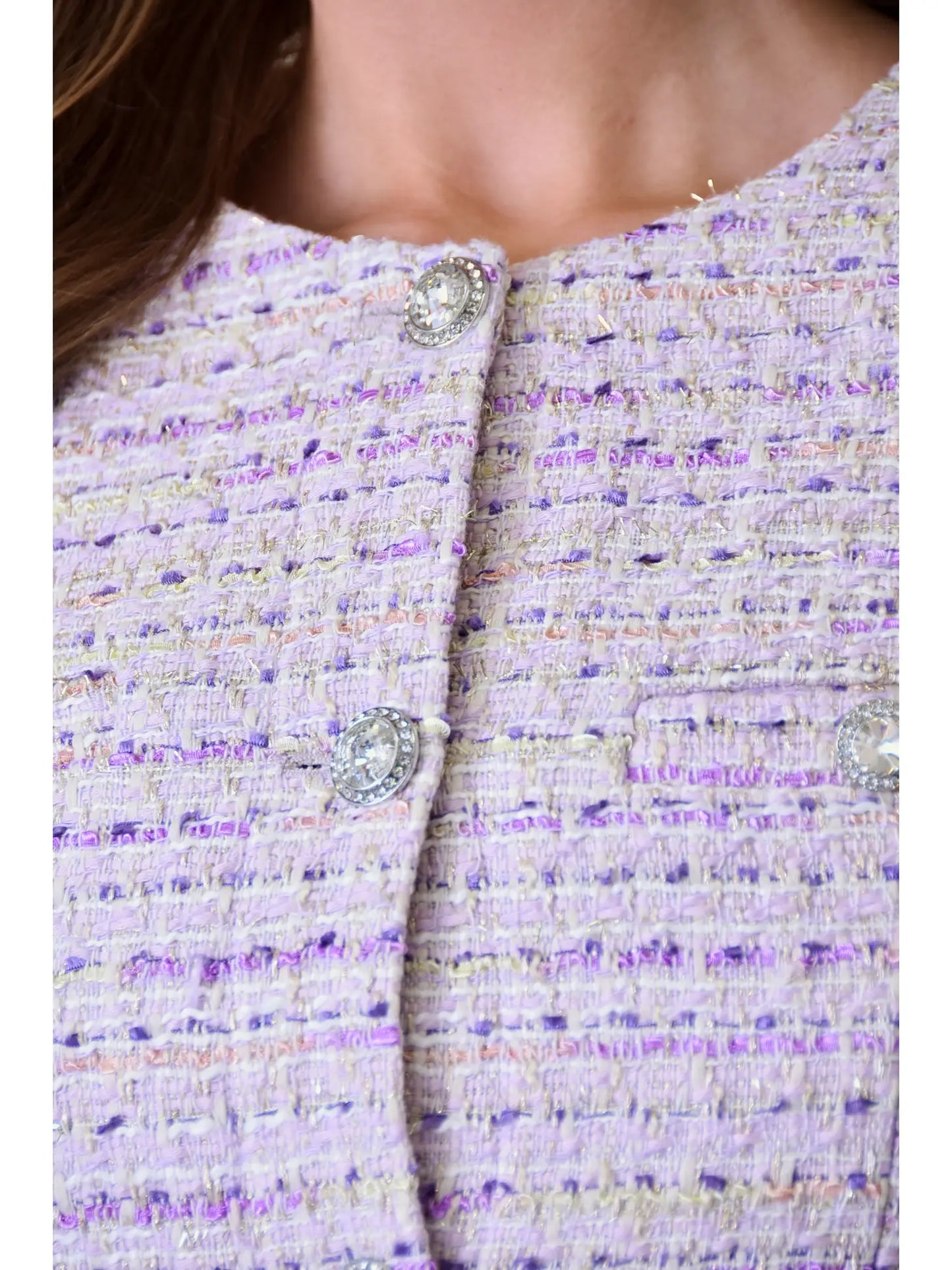 Lilac Tweed Rhinestone Button Cropped Jacket