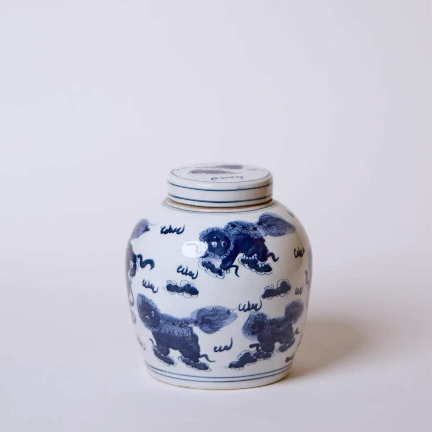 Lions Lidded Blue and White Porcelain Round Storage Jar
