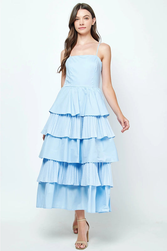 Sky Blue Mixed Pleat Tiered Poplin Maxi Dress