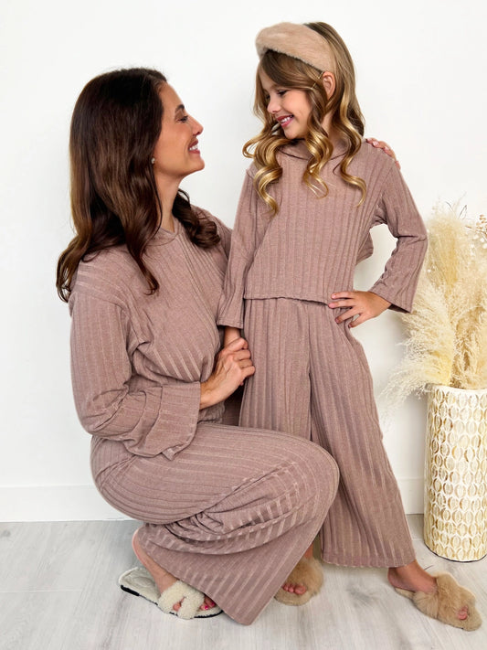 Mommy and Me Cozy Beige Ribbed Hooded Pant Set