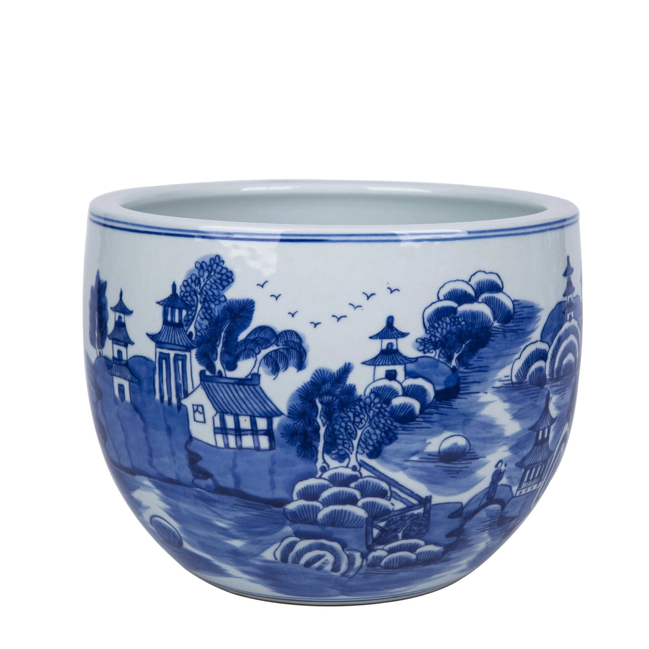 Pagoda Blue & White Round Cache Pot