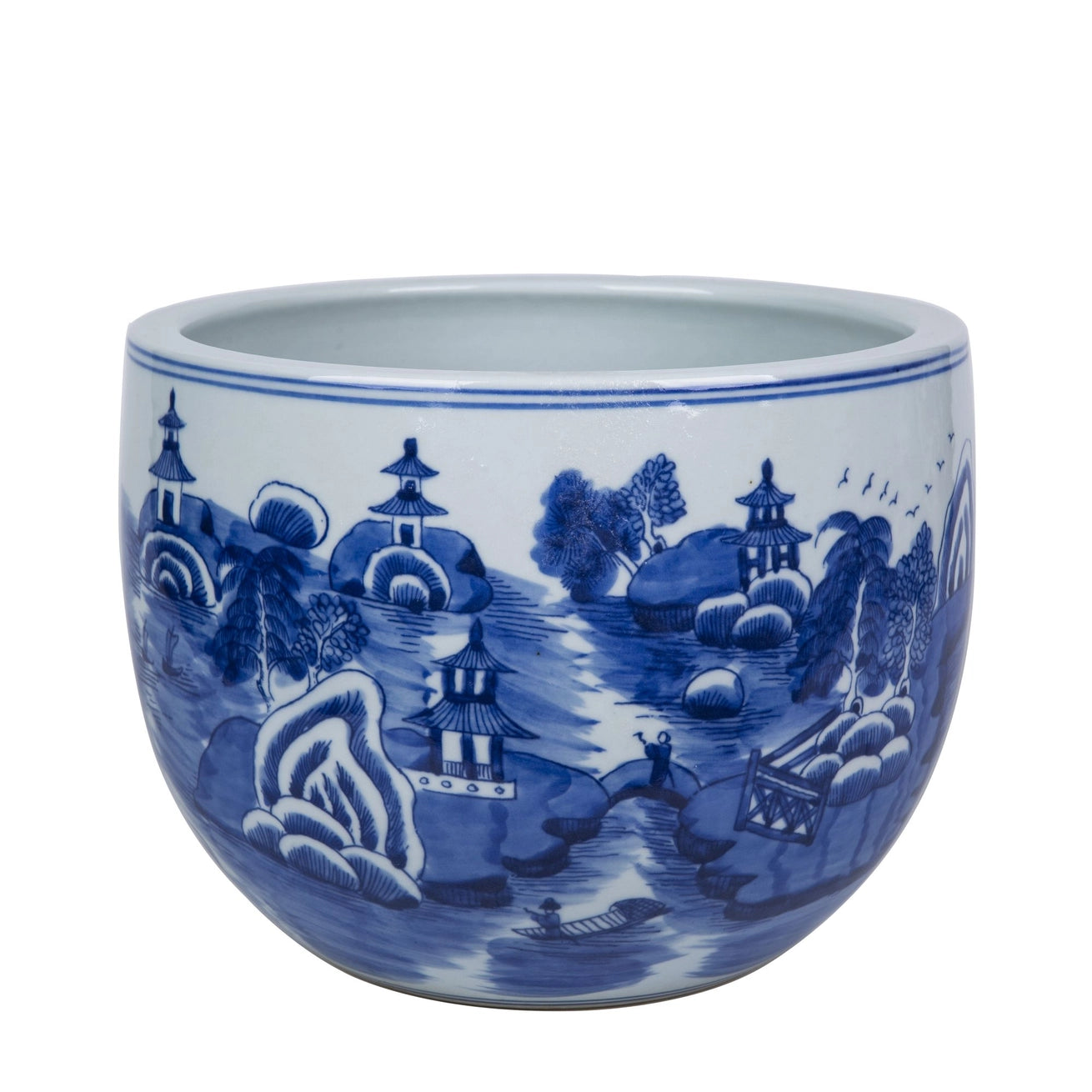 Pagoda Blue & White Round Cache Pot