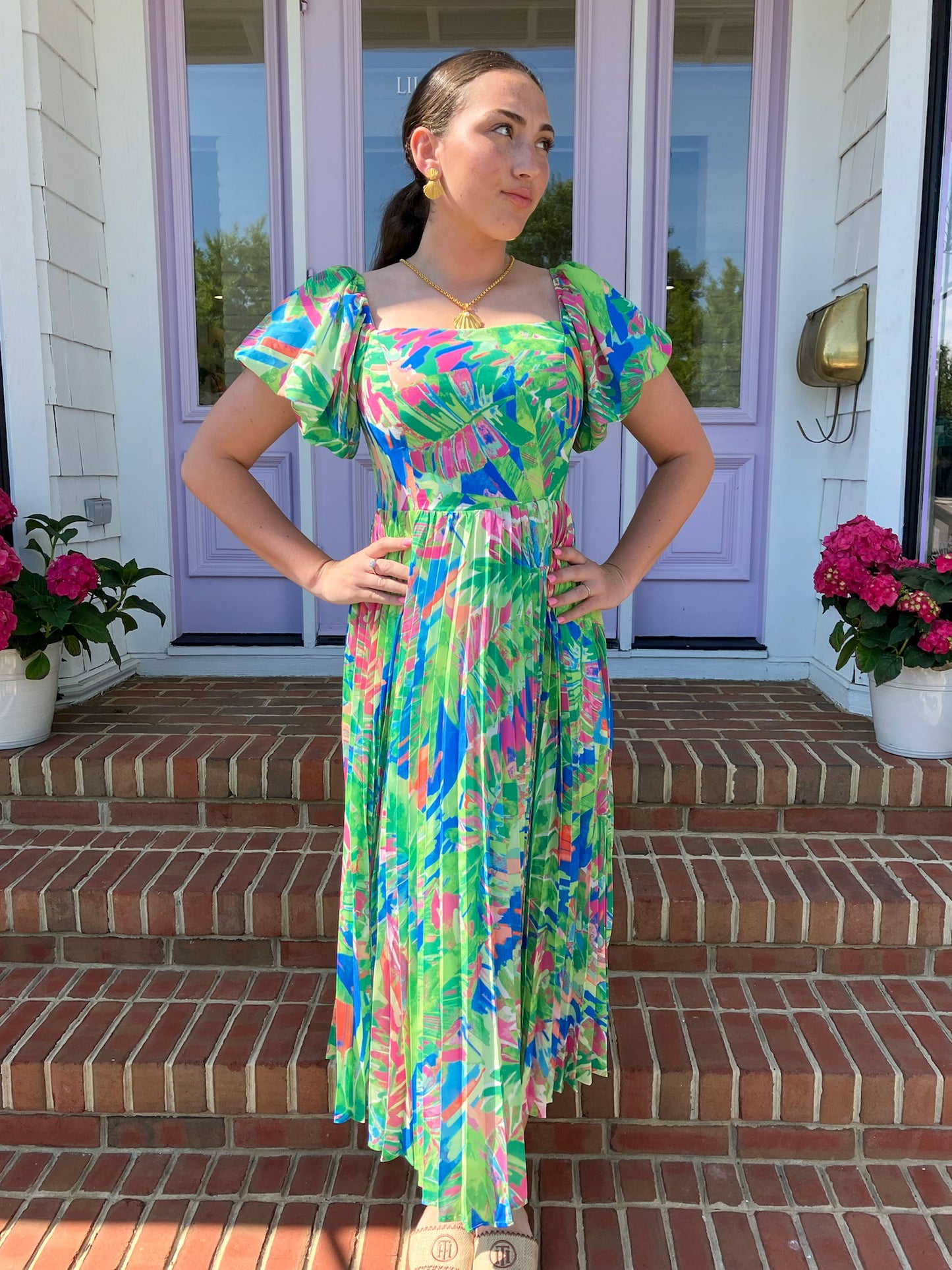 Off the Shoulder Green Floral Midi Dress