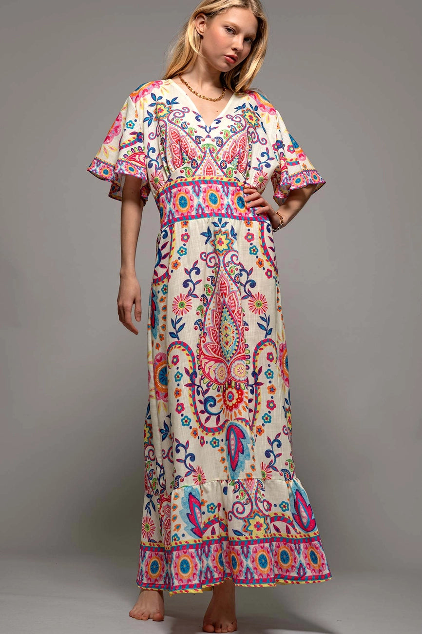 Paisley Flutter Sleeve Dress