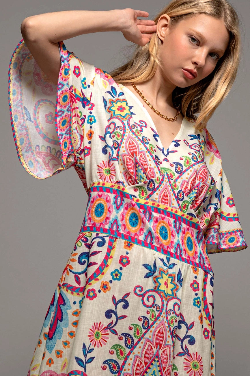 Paisley Flutter Sleeve Dress
