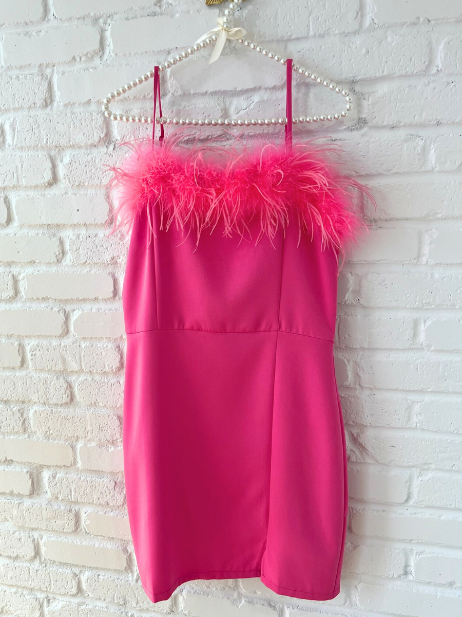 Pink Feather Trimmed Off Shoulder Mini Dress