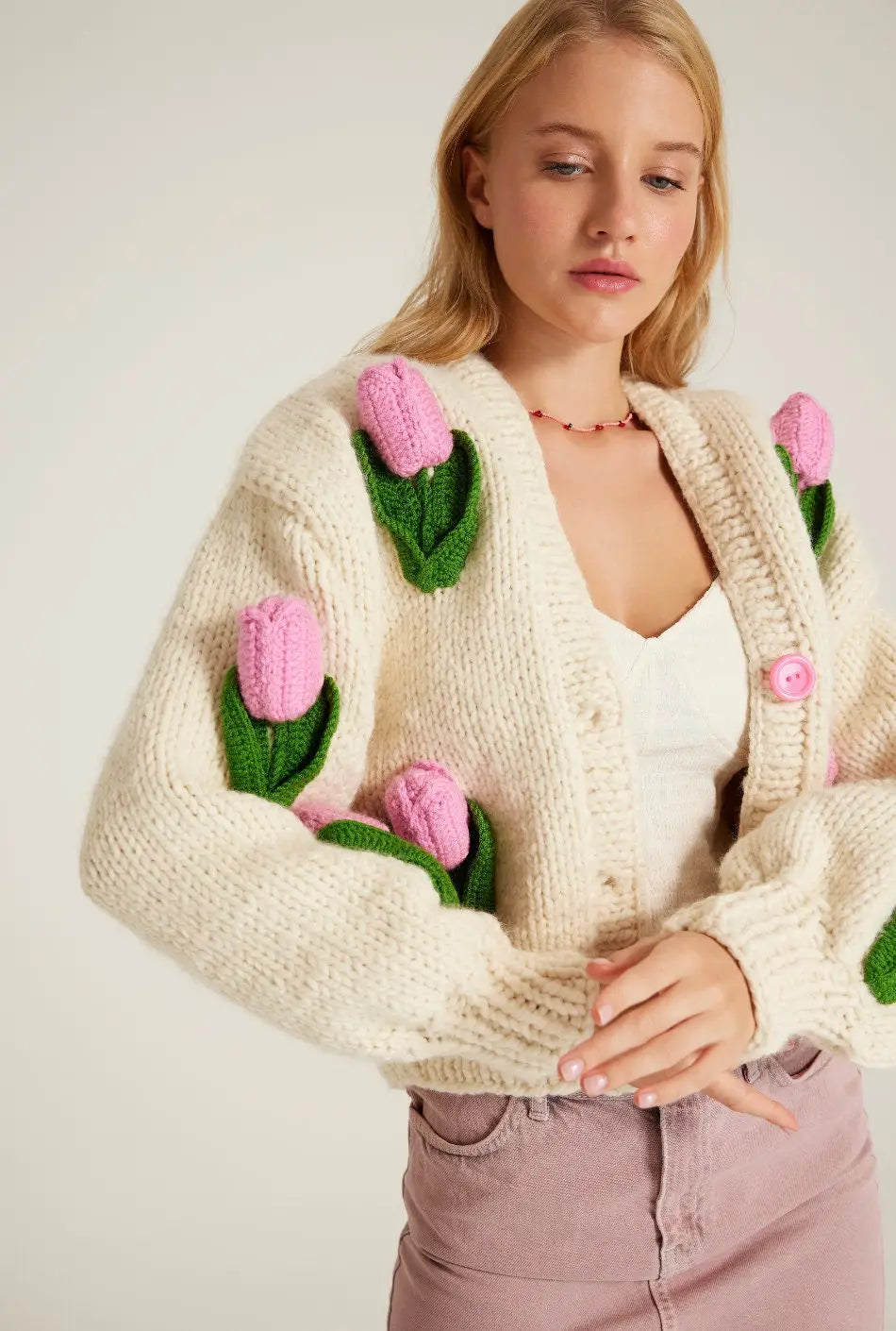 Pink Tulip Chunky Hand-Knit Sweater Cardigan
