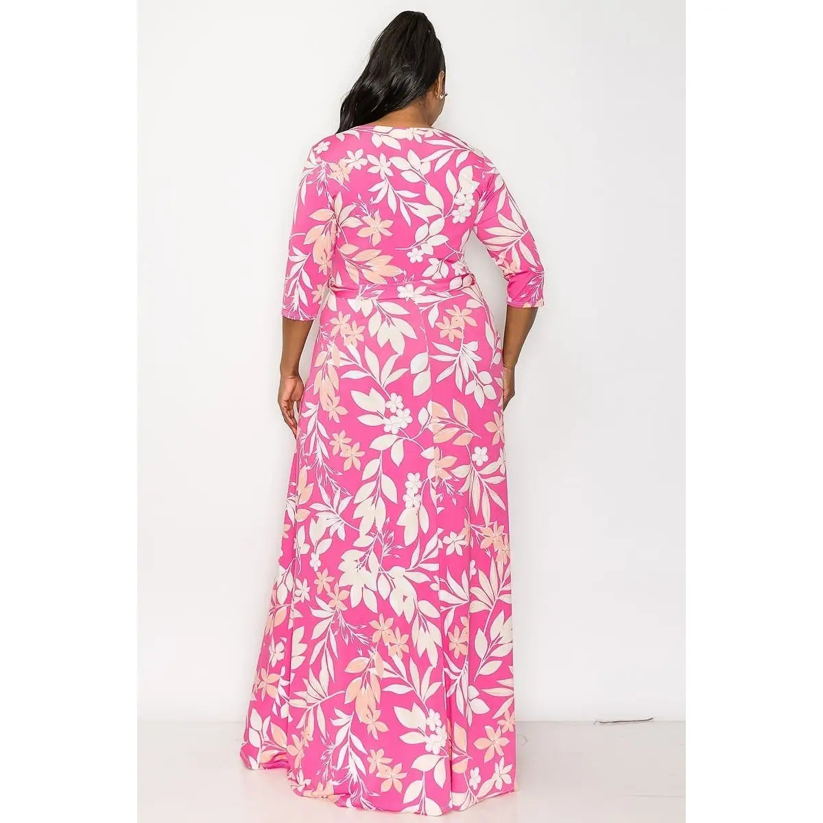Pink Palms V Neck Curvy Fit Maxi Dress