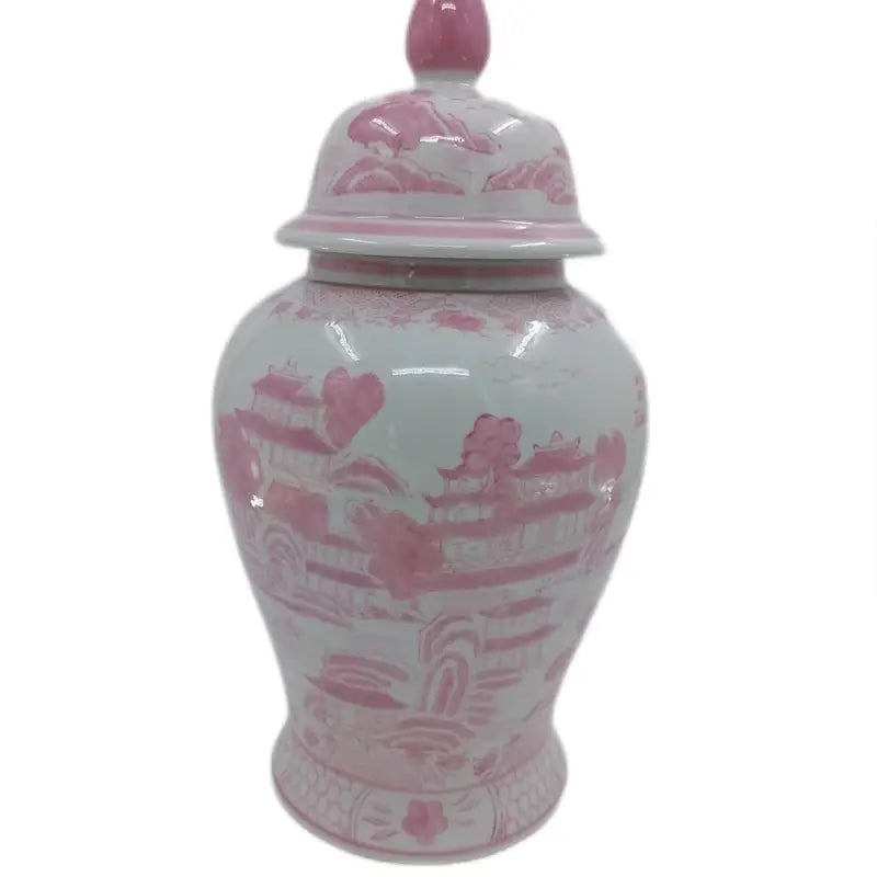 Pink & White Chinoiserie Ceramic Jar 18"