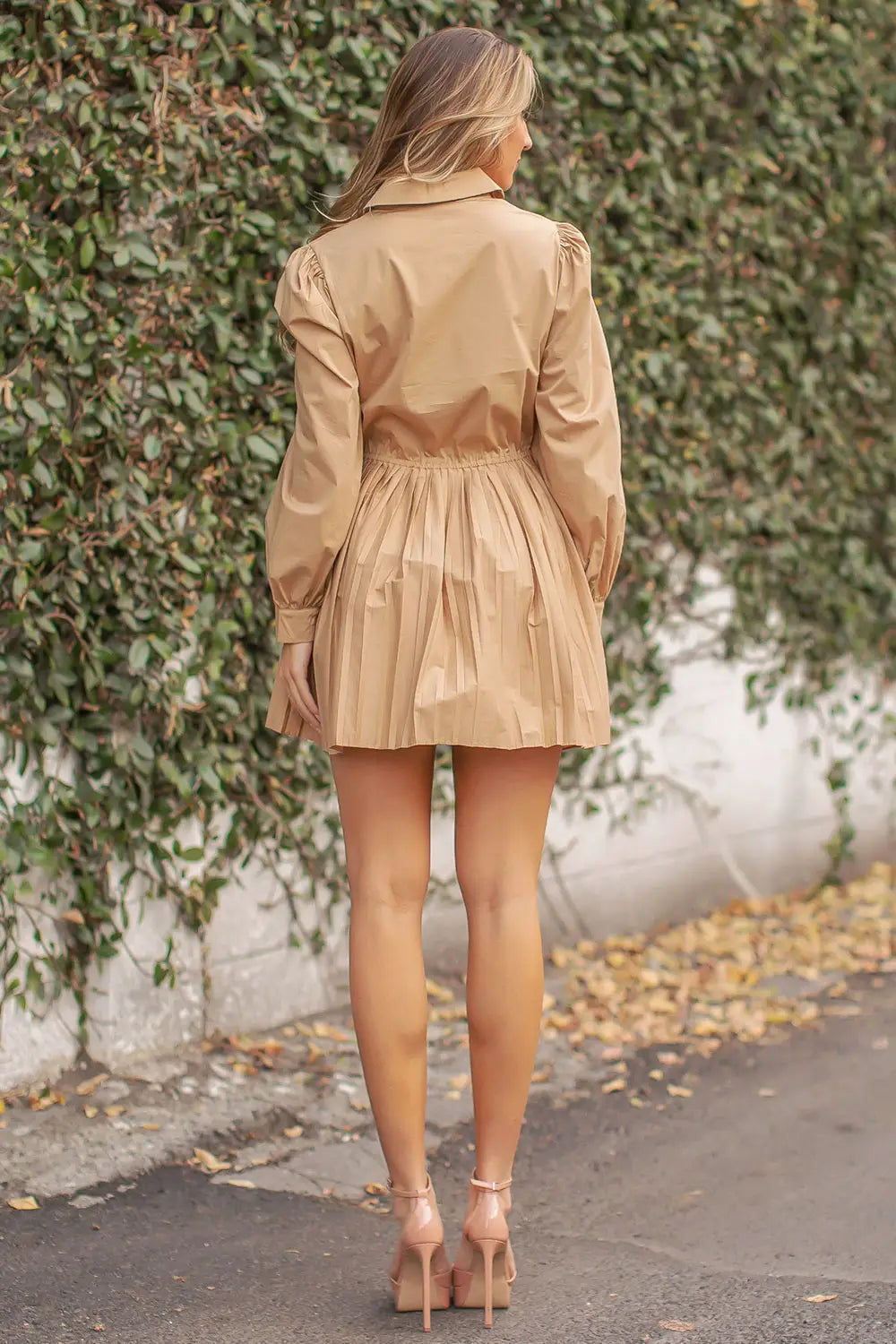 Taupe Pleated Button Down Shirt Dress