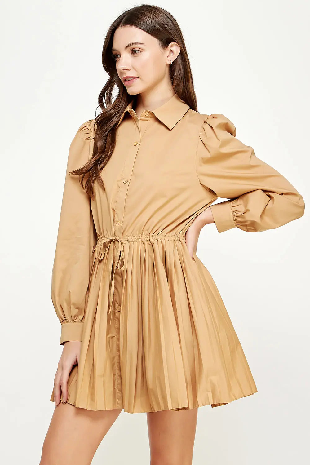 Taupe Pleated Button Down Shirt Dress