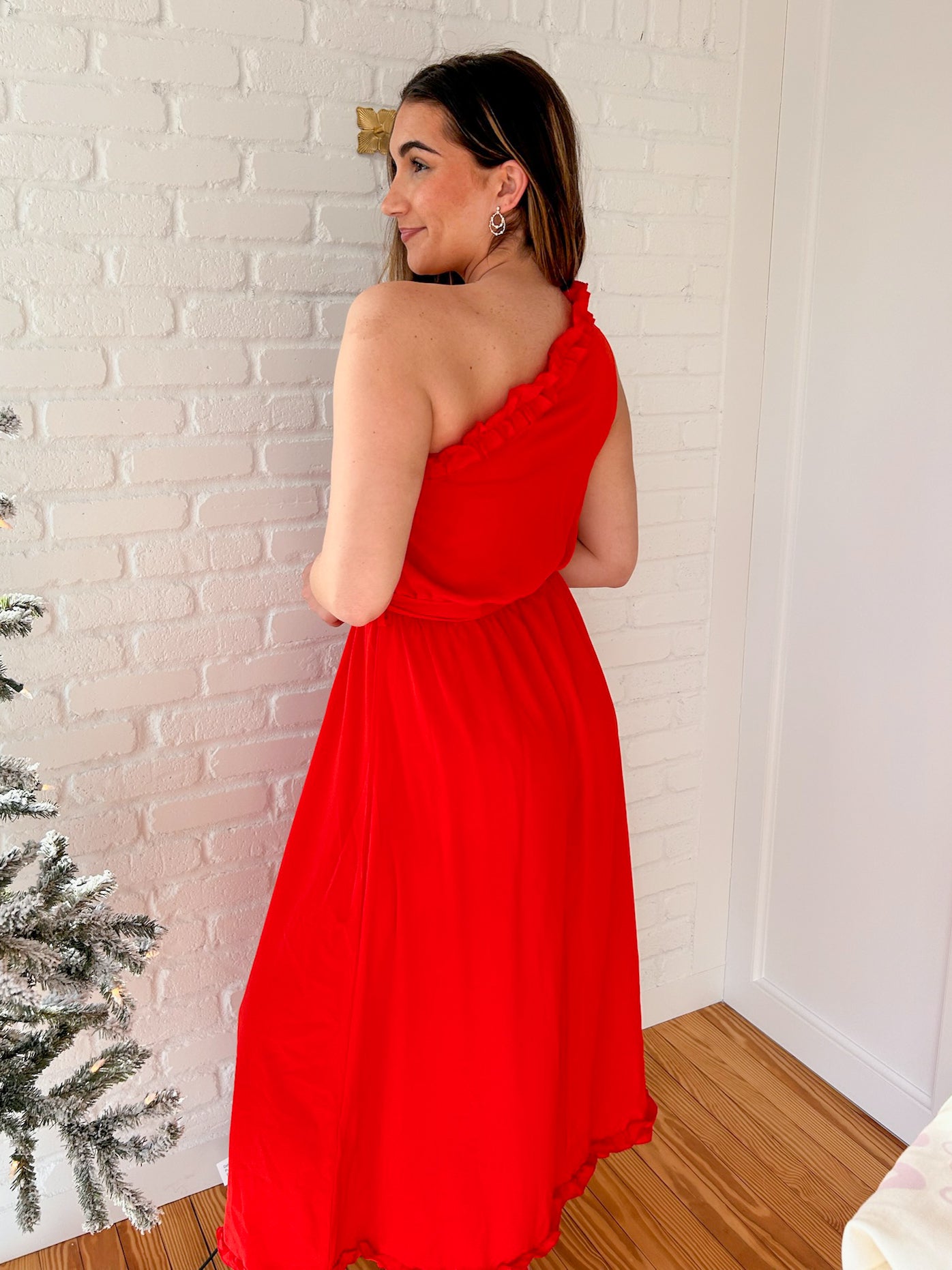 Red One Shoulder Ruffled Maxi Dress
