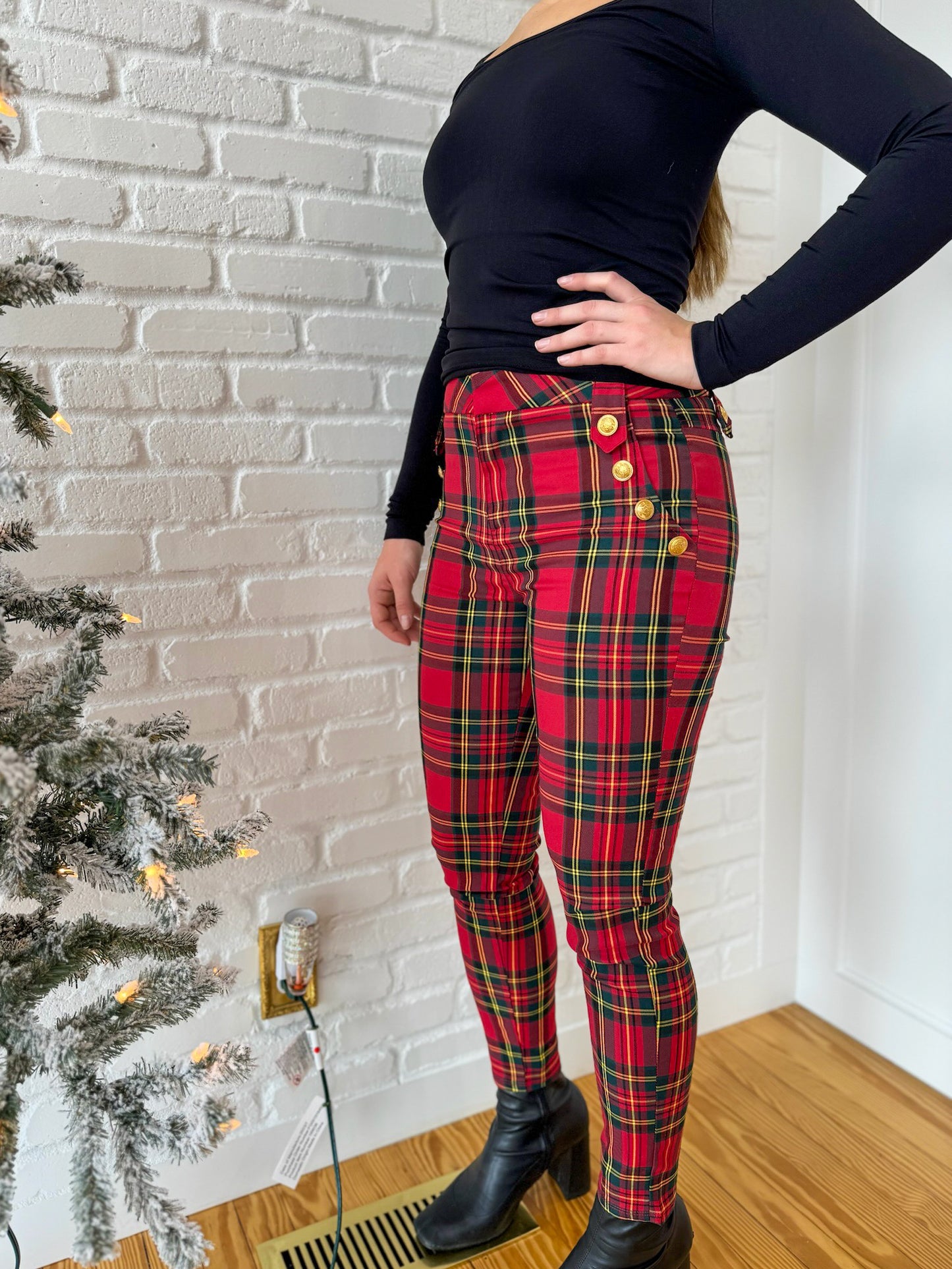 Red and Green Plaid Embellished Pants