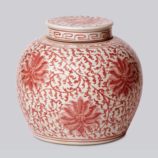 Red and White Porcelain Scrolling Lotus Round Lidded Jar