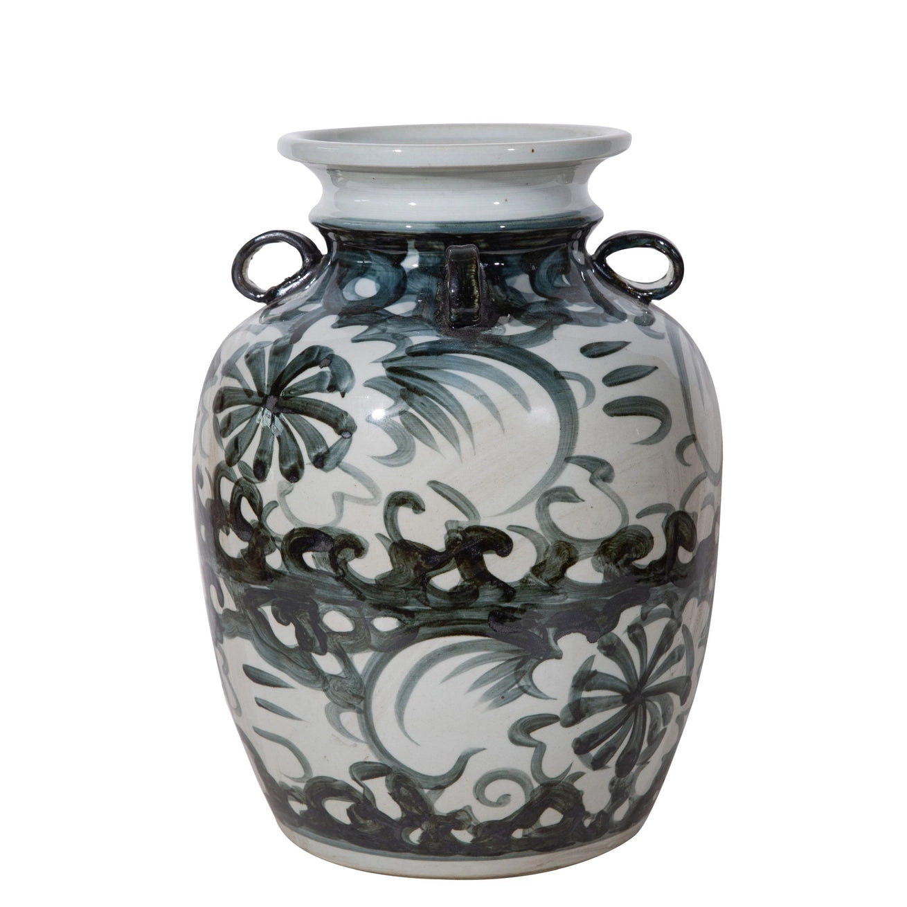 Rustic Blue Four Loop Handle Jar Twisted Flower Motif