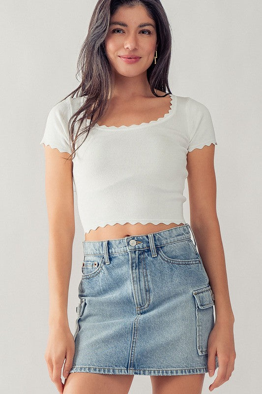 White Scoop Neck Ribbed Knit Scallop Crop Top