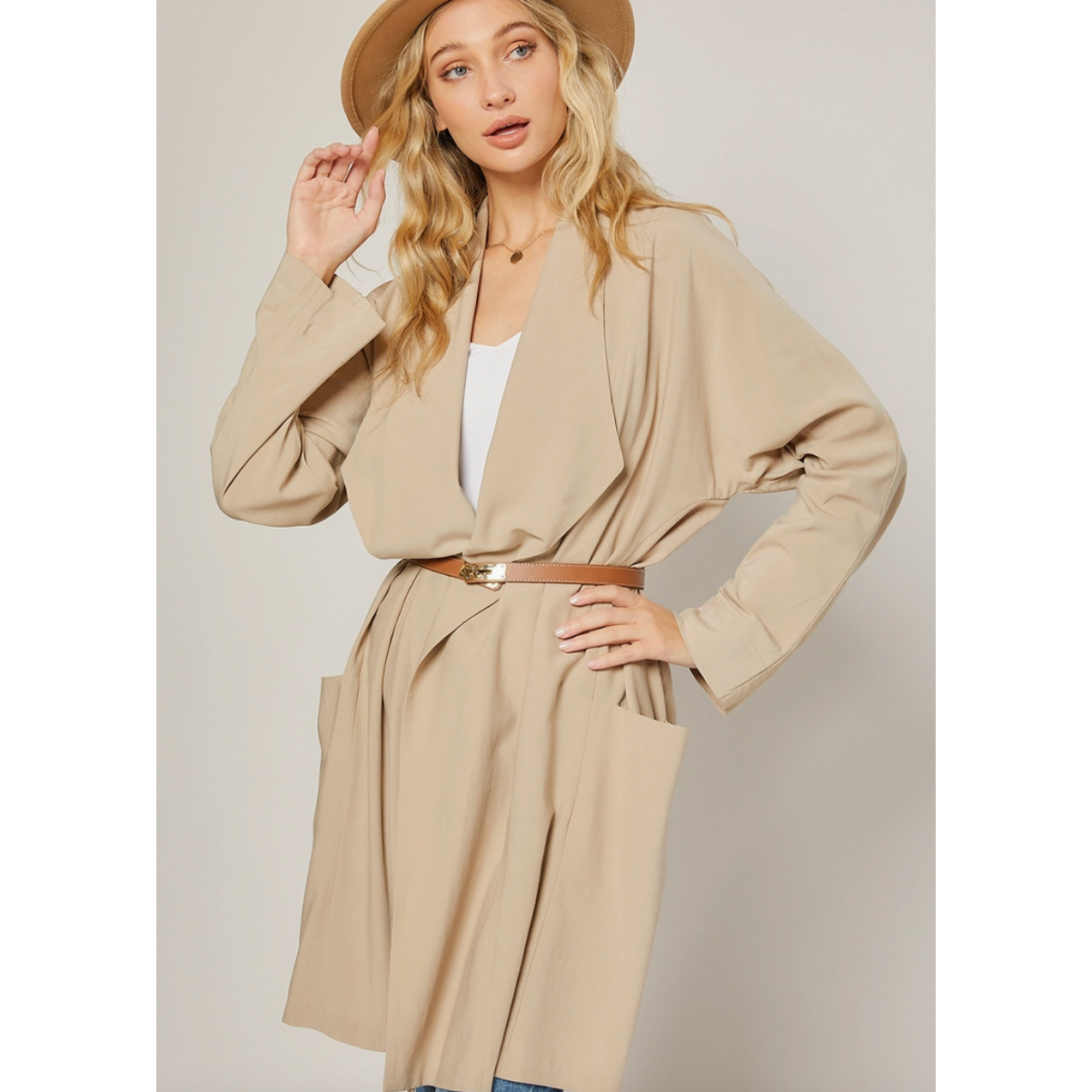 Tan Drape Front Duster Trench Coat