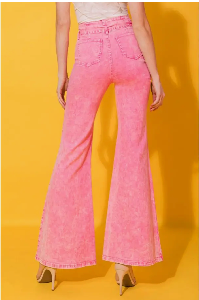 Pink Acid Washed Denim Flare Jeans