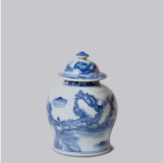 Medium Blue & White Landscape Temple Jar