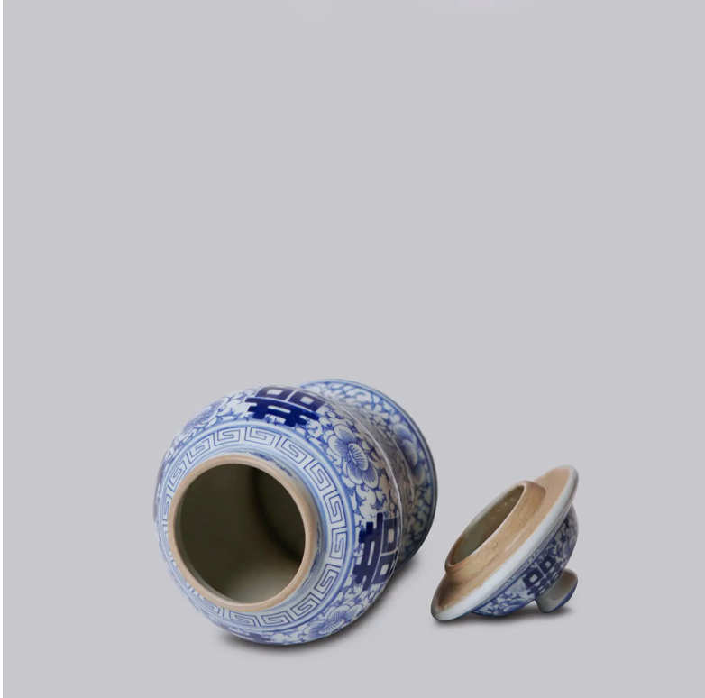 Small Double Happiness Blue & White Temple Jar