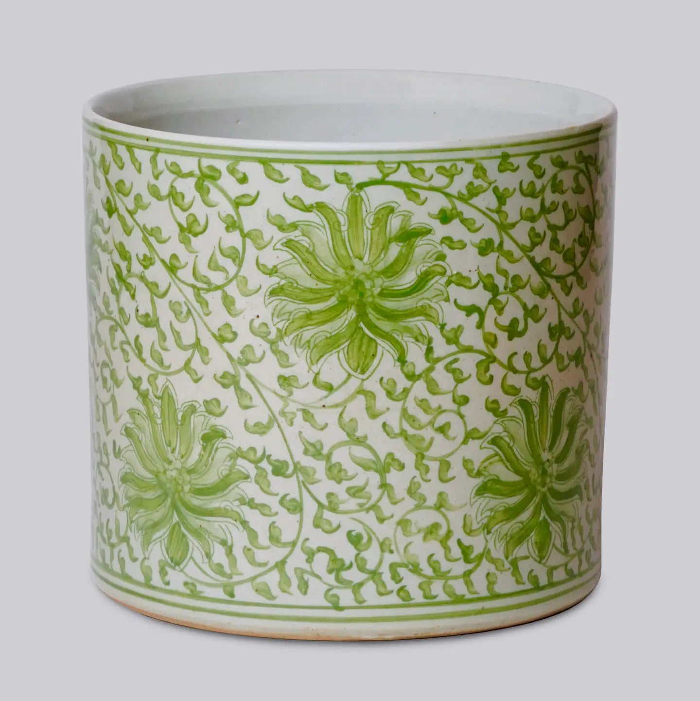 Scrolling Lotus Green and White Porcelain Cachepot