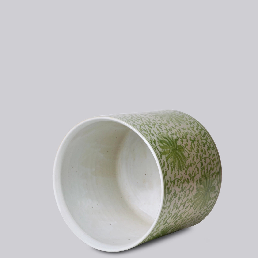 Scrolling Lotus Green and White Porcelain Cachepot