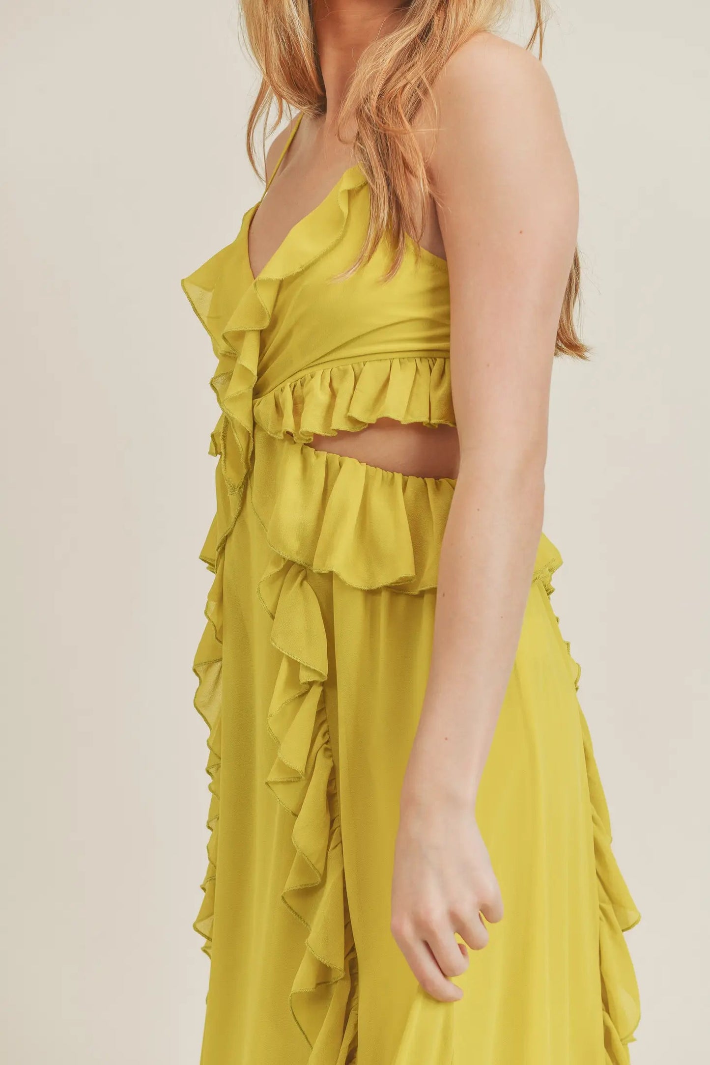 Yellow Side Cutout Ruffled Maxi Dress