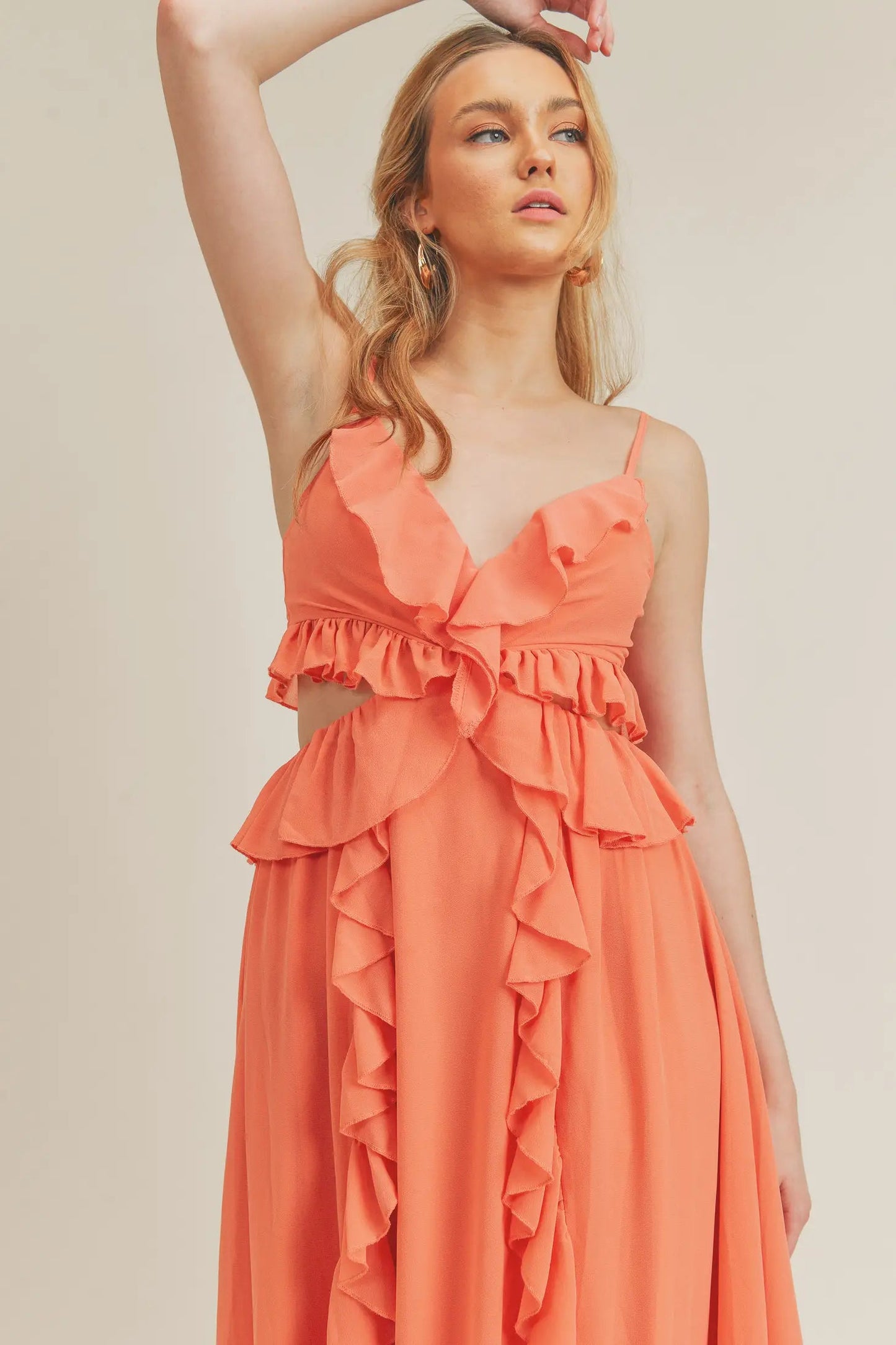 Peach Side Cutout Ruffled Maxi Dress