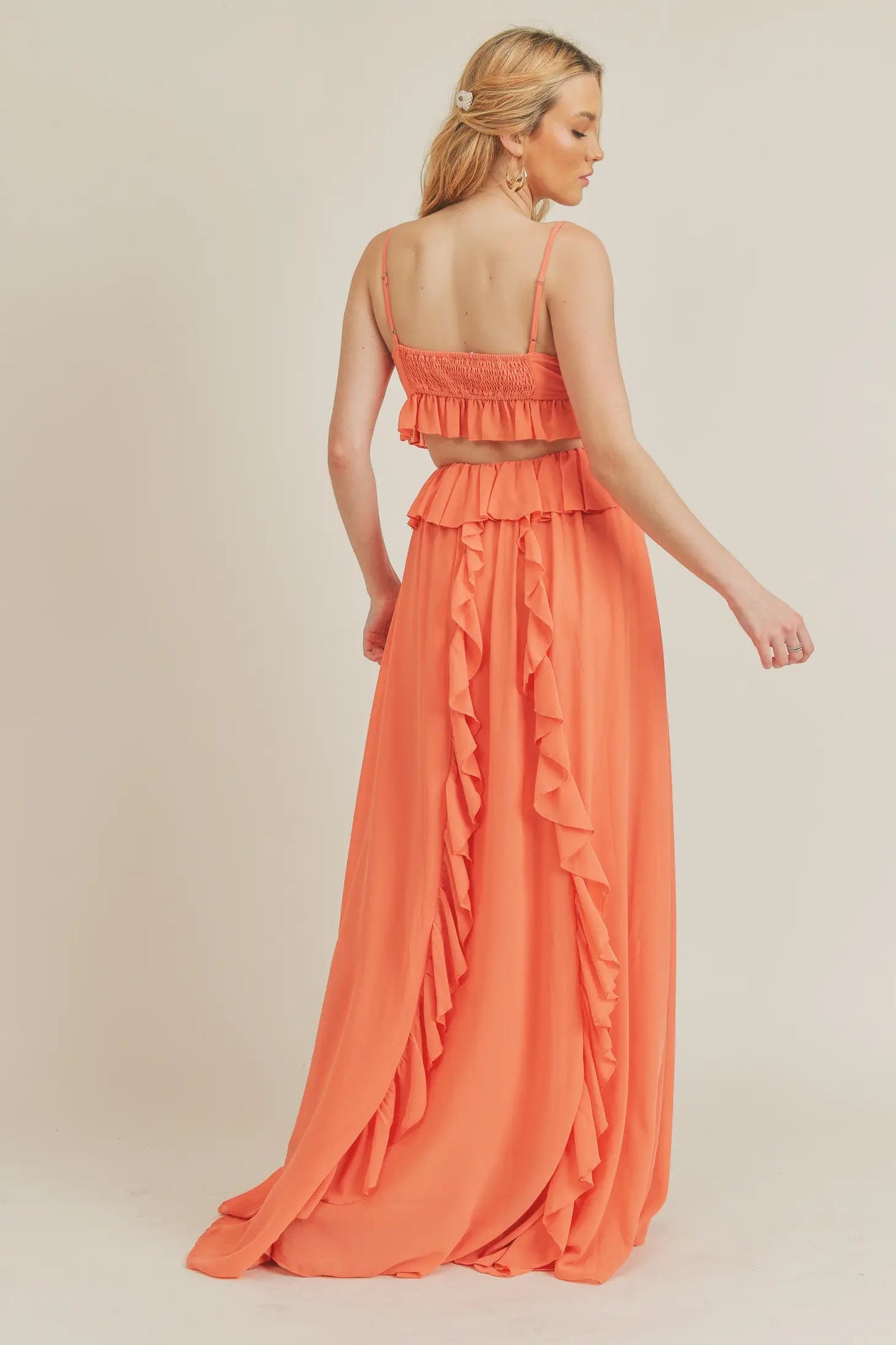 Peach Side Cutout Ruffled Maxi Dress