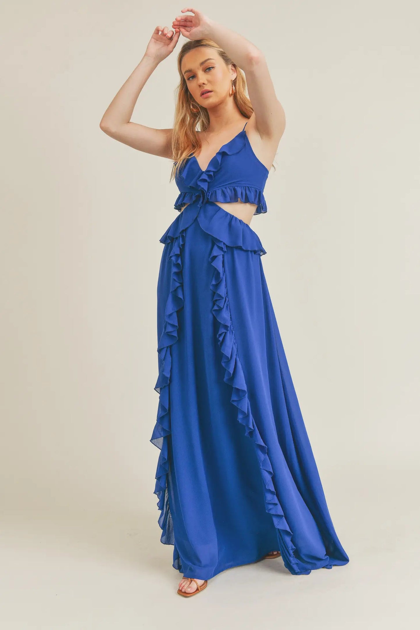 Blue Side Cutout Ruffled Maxi Dress