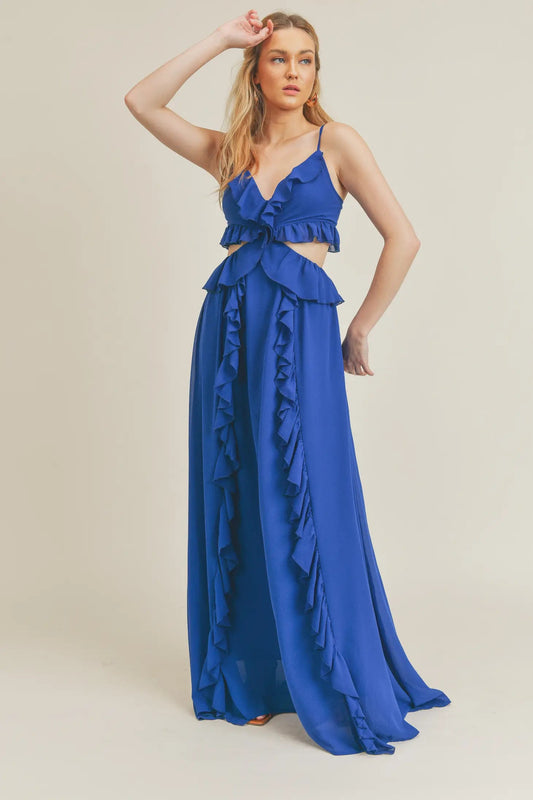 Blue Side Cutout Ruffled Maxi Dress