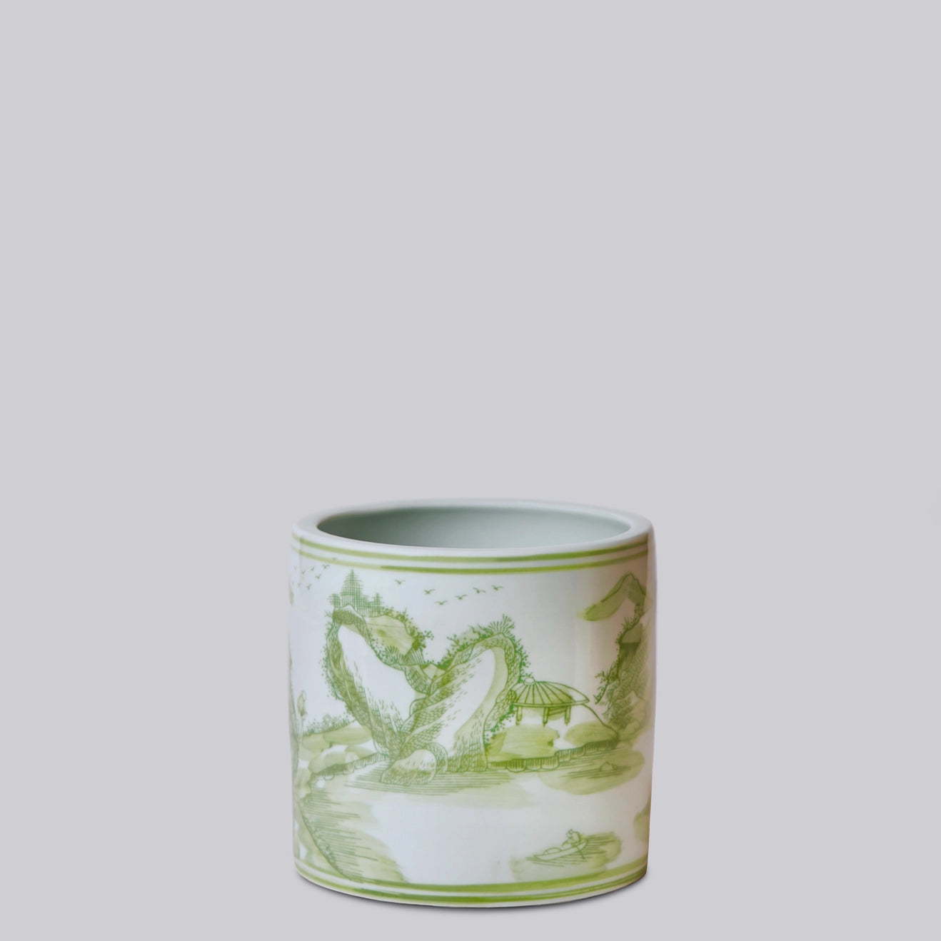 Small Green and White Porcelain River Landscape Cachepot