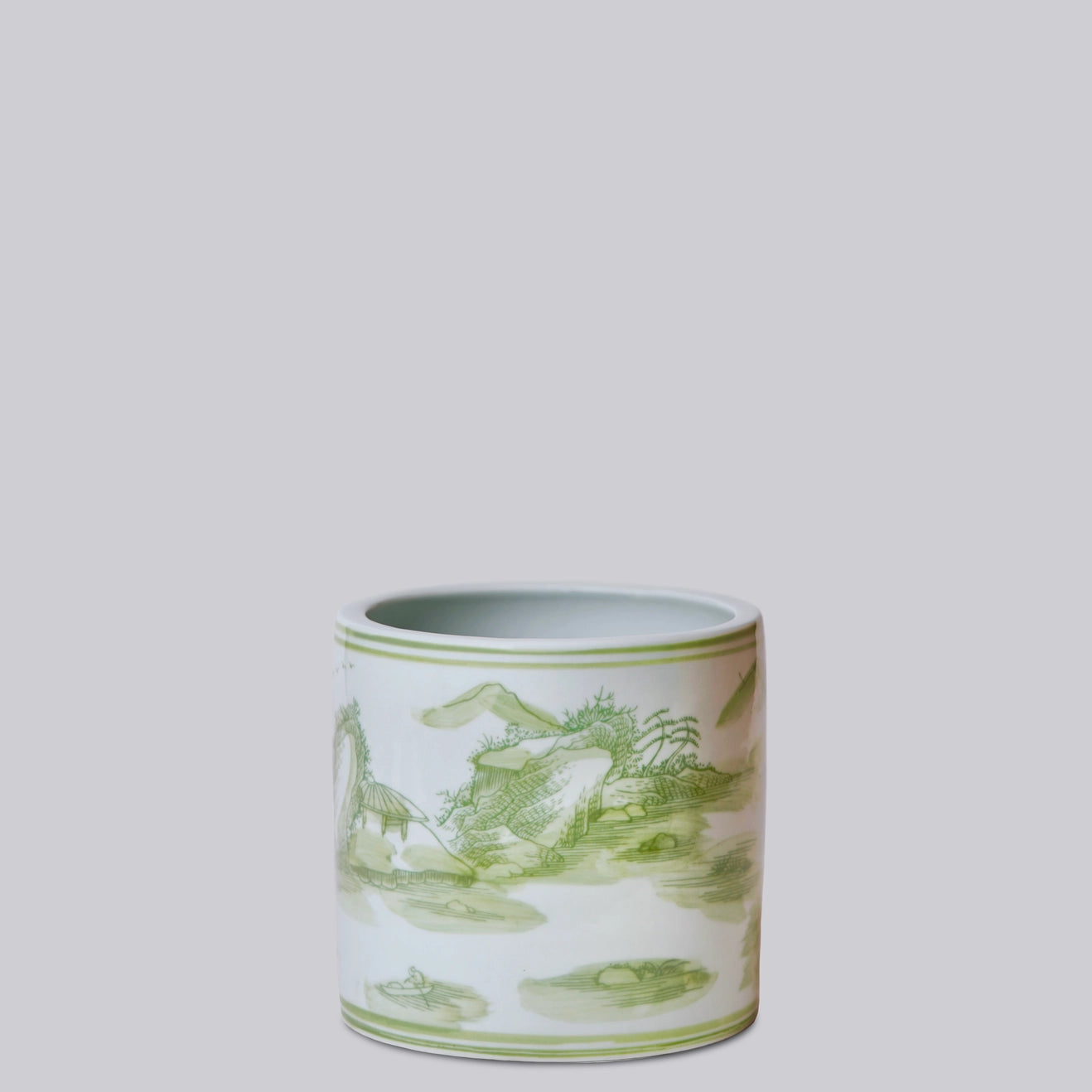 Small Green and White Porcelain River Landscape Cachepot