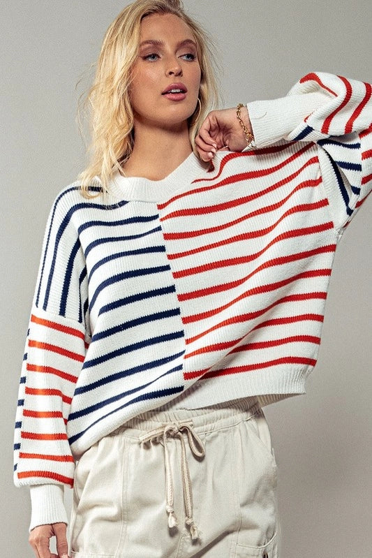 Striped Blocked Drop Shoulder Knit Sweater