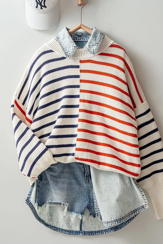 Striped Blocked Drop Shoulder Knit Sweater