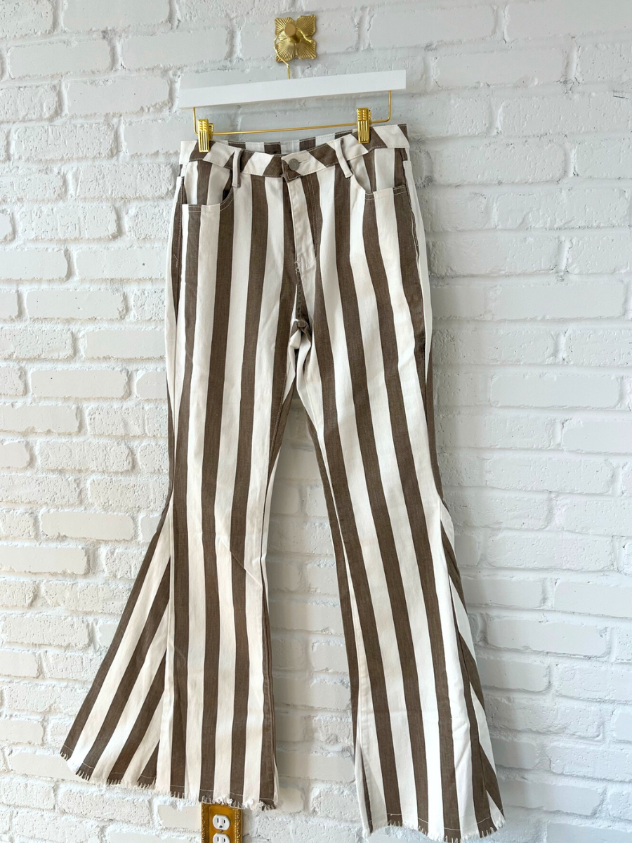 Taupe Striped Bell Bottom Pants