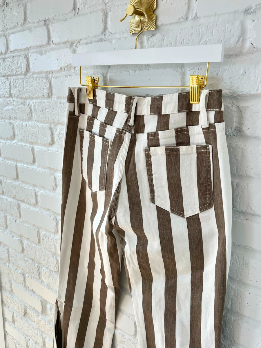 Taupe Striped Bell Bottom Pants