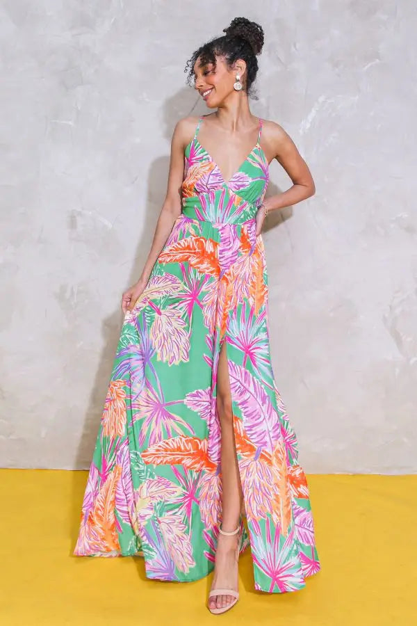 Tropical Long Slit Maxi Dress